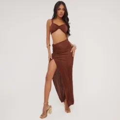 EGO High Waist Ruched Detail Split Leg Maxi Skirt In Brown Plisse -EGO Sales Store 27 04 23 jul90559 sq scaled