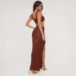 EGO High Waist Ruched Detail Split Leg Maxi Skirt In Brown Plisse -EGO Sales Store 27 04 23 jul90576 sq scaled
