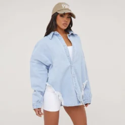 EGO Oversized Curved Hem Distressed Detail Shirt In Blue Denim