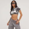 EGO Capped Sleeve Graffiti Detail Cropped Tee In Mono Print