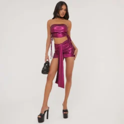 EGO High Waist Drape Detail Mini Bodycon Skirt In Pink Metallic