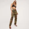 EGO High Waist Frayed Detail Straight Leg Cargo Trousers In Green Camo Print