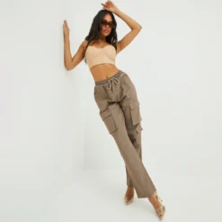 EGO Tie Waist Pocket Detail Loose Fit Straight Leg Cargo Trousers In Taupe Canvas