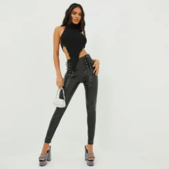 EGO High Waist Lace Up Detail Skinny Trousers In Black Faux Leather
