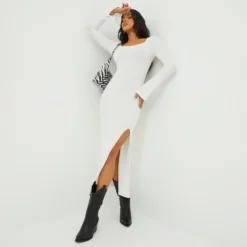 EGO Square Neck Long Sleeve Side Split Midi Bodycon Dress In Cream Ribbed Knit
