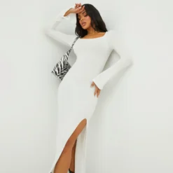 EGO Square Neck Long Sleeve Side Split Midi Bodycon Dress In Cream Ribbed Knit -EGO Sales Store 27 09 22 julyanna0364 copy scaled