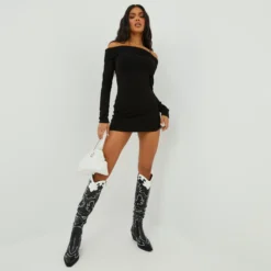 EGO Bardot Long Sleeve Mini Bodycon Dress In Black Knit