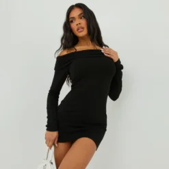 EGO Bardot Long Sleeve Mini Bodycon Dress In Black Knit -EGO Sales Store 27 09 22 julyanna3831 copy scaled