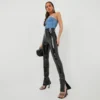 EGO High Waist Split Hem Detail Skinny Fit Trousers In Black Vinyl