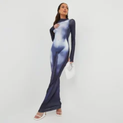 EGO Long Sleeve Body Heat Print Maxi Dress In Blue Multi