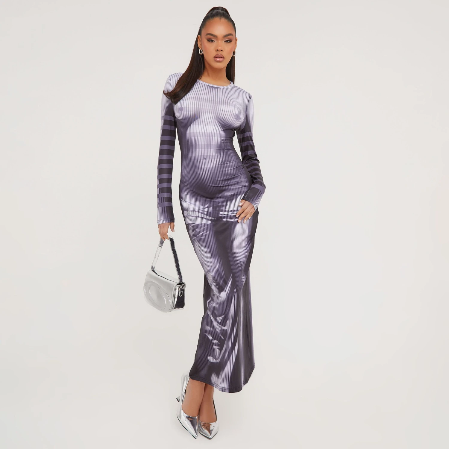 EGO Long Sleeve Body Print Illusion Maxi Dress In Grey Slinky