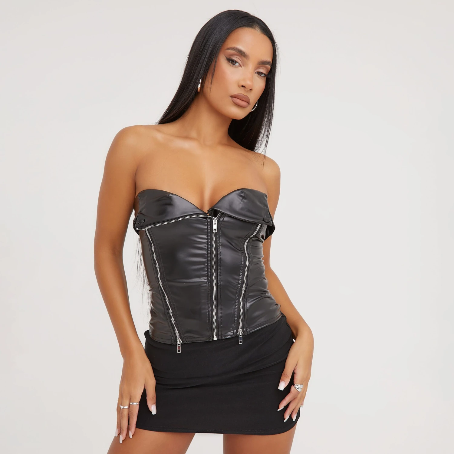 EGO Fold Over Zip Detail Biker Corset Top In Black Faux Leather 1 EGO Fold Over Zip Detail Biker Corset Top In Black Faux Leather