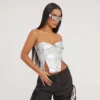 EGO Fold Over Zip Detail Biker Corset Top In Silver Faux Leather