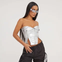 EGO Fold Over Zip Detail Biker Corset Top In Silver Faux Leather