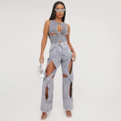 EGO High Waist Cross Cut Out Detail Straight Leg Trousers In Grey Acid Wash