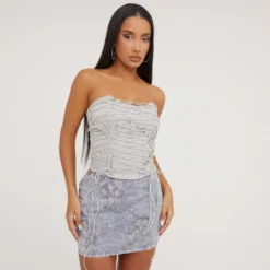 EGO Bandeau Lace Up Tie Detail Corset Top In Grey Woven
