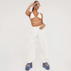 EGO Low Rise Strappy Detail Straight Leg Cargo Trousers In Cream Linen