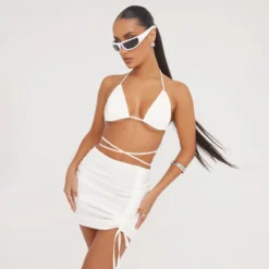 EGO High Waist Ruched Detail Mini Bodycon Skirt In Cream Linen