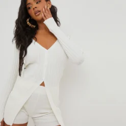 EGO Long Sleeve V Neck Button Down Cardigan In Ivory Ribbed Knit