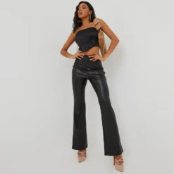 EGO High Waist Flared Leg Trousers In Black Faux Leather -EGO Sales Store 28 07 221070 scaled