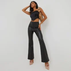 EGO High Waist Flared Leg Trousers In Black Faux Leather