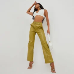 EGO High Waist Pocket Detail Straight Leg Trousers In Olive Green Faux Leather -EGO Sales Store 28 07 229200 scaled