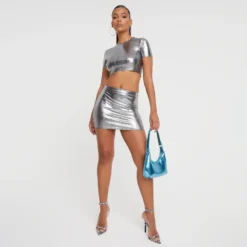 EGO Mid Rise Mini Bodycon Skirt In Silver Metallic