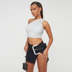 EGO One Shoulder Ruched Detail Crop Top In Silver Shimmer