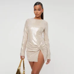 EGO Long Sleeve Twisted Front Split Detail Mini Dress In Nude Sequin