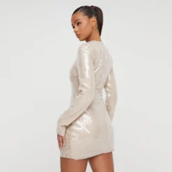 EGO Long Sleeve Twisted Front Split Detail Mini Dress In Nude Sequin -EGO Sales Store 29 11 22 pam30812 copy scaled