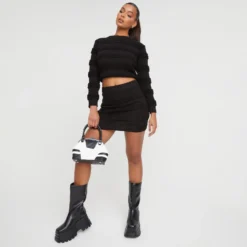 EGO High Neck Long Sleeve Panelled Detail Crop Top In Black Bubble Texture -EGO Sales Store 29 11 22 pam31084 copy 2 scaled