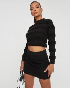 EGO High Neck Long Sleeve Panelled Detail Crop Top In Black Bubble Texture -EGO Sales Store 29 11 22 pam31095 copy