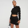 EGO High Neck Long Sleeve Panelled Detail Crop Top In Black Bubble Texture
