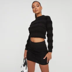 EGO High Neck Long Sleeve Panelled Detail Crop Top In Black Bubble Texture