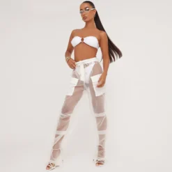 EGO High Waist Rope Detail Straight Leg Trousers In Cream Sheer Mesh