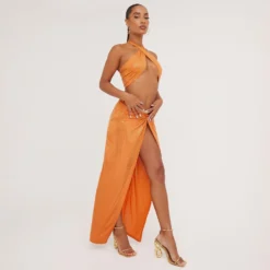 EGO Low Rise Knot Front Detail Split Leg Maxi Skirt In Orange Sequin