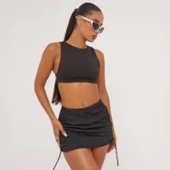 EGO High Waist Ruched Toggle Detail Parachute Mini Bodycon Skirt In Black
