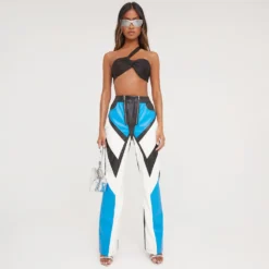 EGO High Waist Zip Detail Motocross Straight Leg Trousers In Blue Multi Faux Leather
