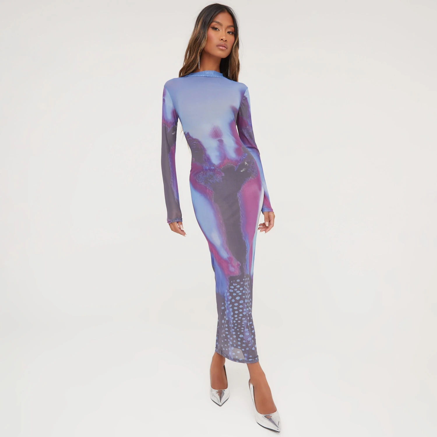 EGO Long Sleeve Body Print Maxi Dress In Blue Multi Mesh 1 EGO Long Sleeve Body Print Maxi Dress In Blue Multi Mesh