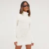 EGO Long Sleeve Roll Neck Mini Bodycon Dress In Cream Knit