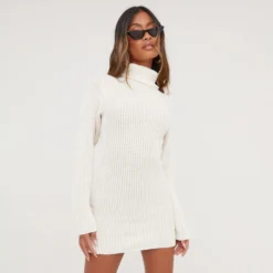 EGO Long Sleeve Roll Neck Mini Bodycon Dress In Cream Knit