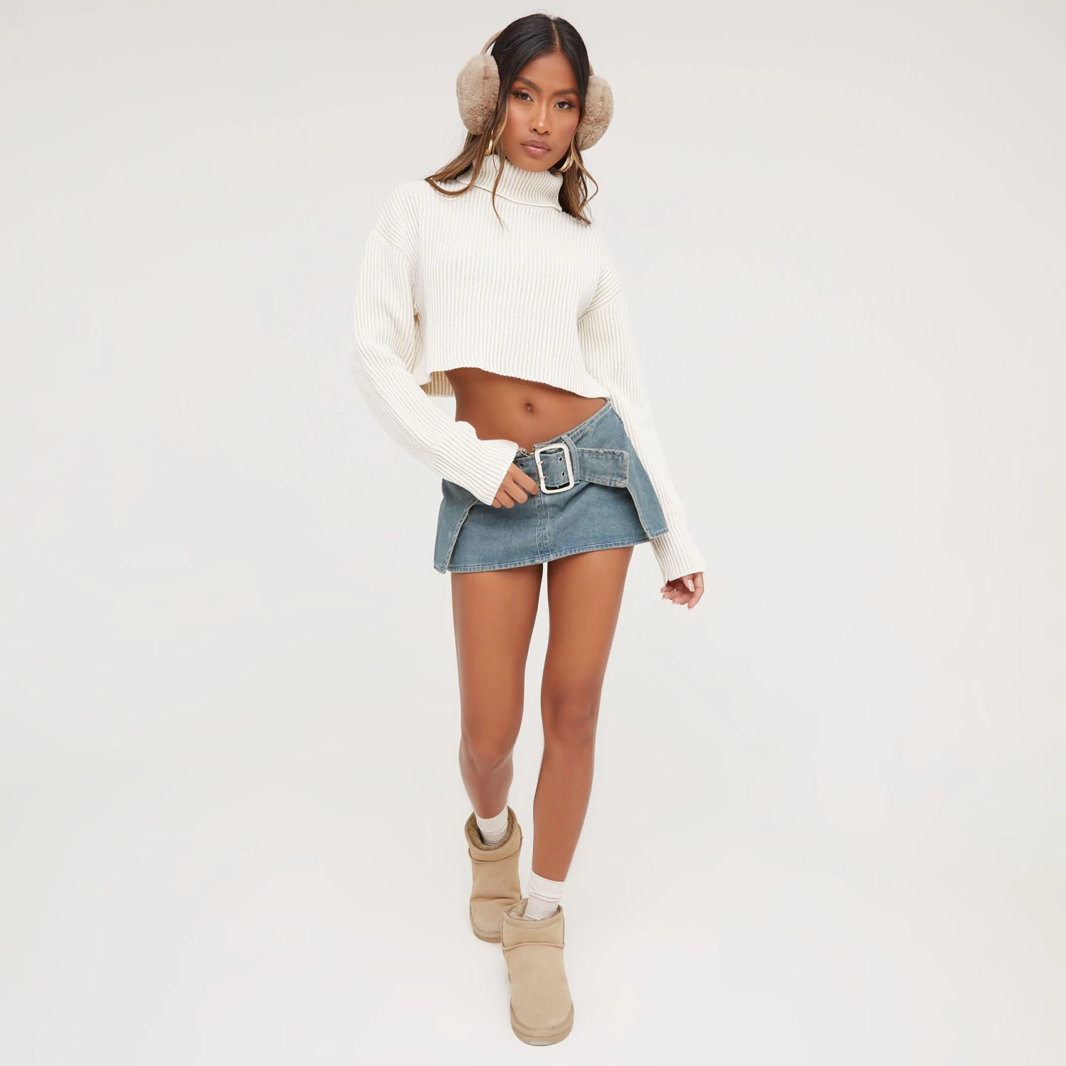 EGO Long Sleeve Roll Neck Oversized Cropped Jumper In Brown And Stone Contrast 4 EGO Long Sleeve Roll Neck Oversized Cropped Jumper In Brown And Stone Contrast - Image 4