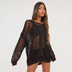 EGO Long Sleeve Cross Detail Oversized Jumper In Black Crochet
