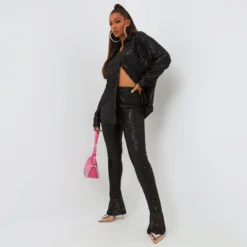 EGO High Waist Flared Leg Trousers In Black Sequin -EGO Sales Store clh043 tr bk 4 1 scaled