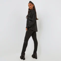 EGO High Waist Flared Leg Trousers In Black Sequin -EGO Sales Store clh043 tr bk 5 1 scaled