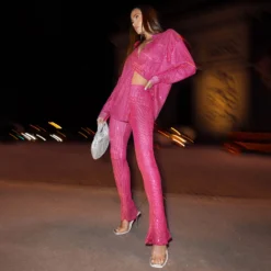 EGO High Waist Flared Leg Trousers In Pink Sequin
