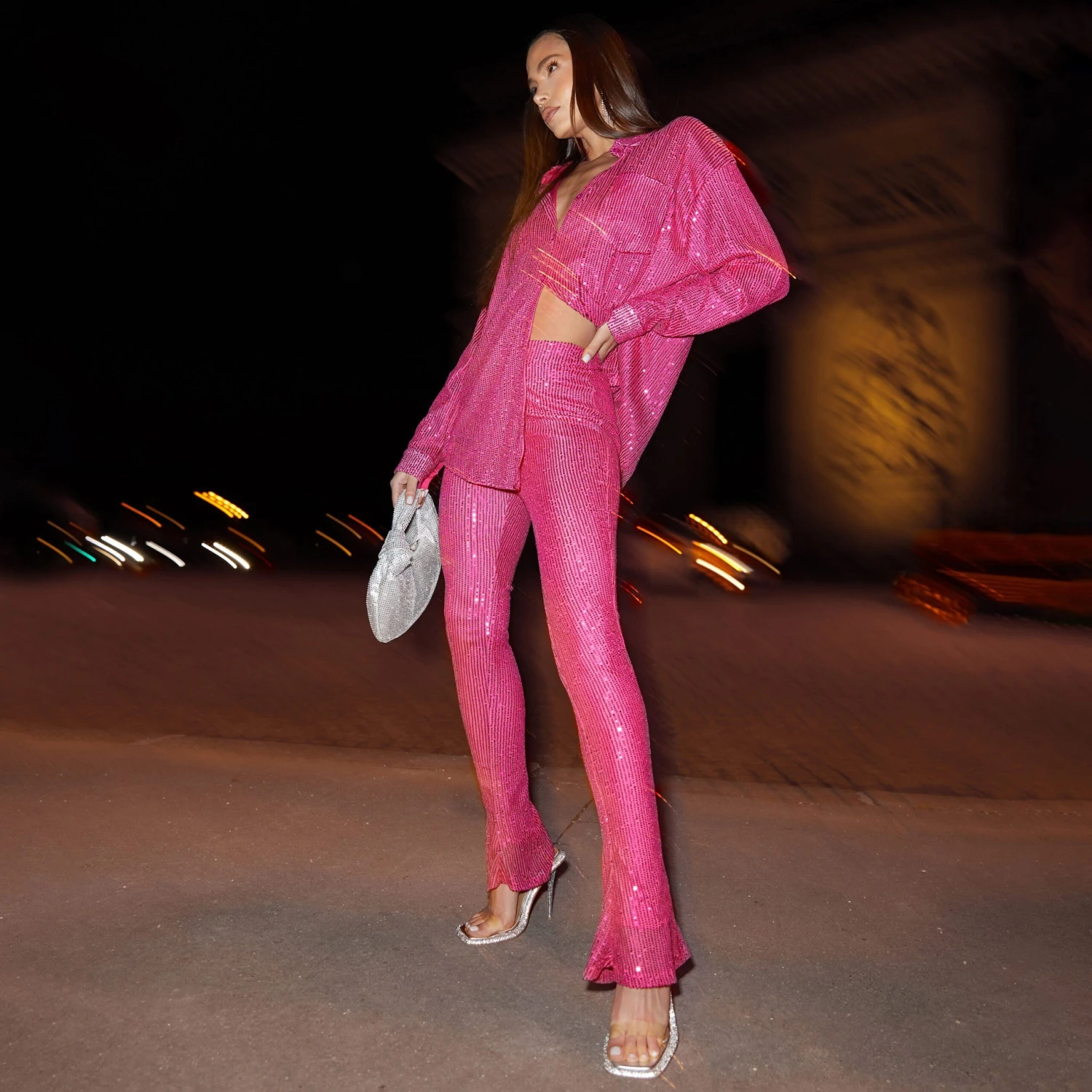 EGO High Waist Flared Leg Trousers In Pink Sequin 1 EGO High Waist Flared Leg Trousers In Pink Sequin