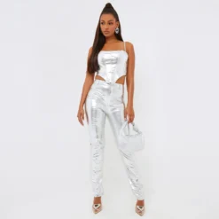 EGO High Waist Slim Leg Trouser In Silver Metallic -EGO Sales Store clh053 tr si 4 scaled