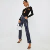 EGO High Asymmetric Waist Straight Leg Trousers In Navy Blue Vinyl