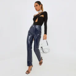 EGO High Asymmetric Waist Straight Leg Trousers In Navy Blue Vinyl 7 EGO High Asymmetric Waist Straight Leg Trousers In Navy Blue Vinyl -EGO Sales Store clh073 bk 4 1 scaled